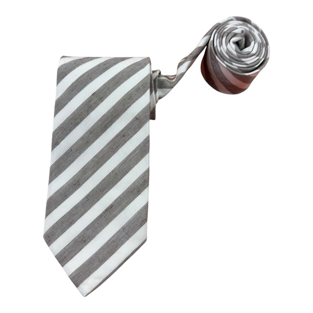 Kent & Curwen Metallic Brown White‎ Stripe Silk Linen Tie NWOT England 3"x59"